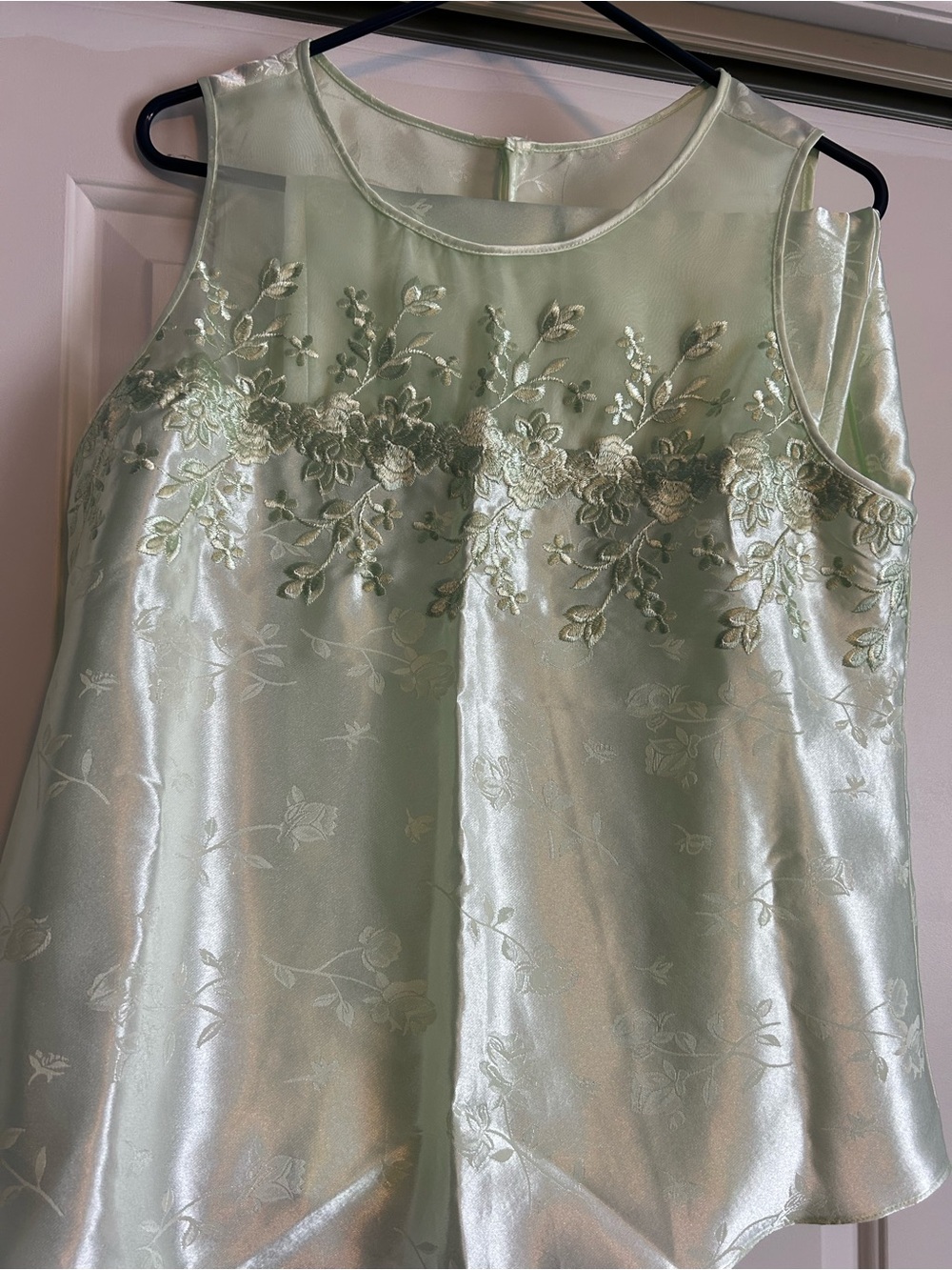 Women’s Mint Green Embroidered Satin pajamas - Sleeveless top long pants